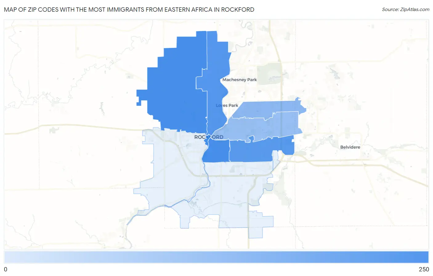 Zip Codes with the Most Immigrants from Eastern Africa in Rockford Map
