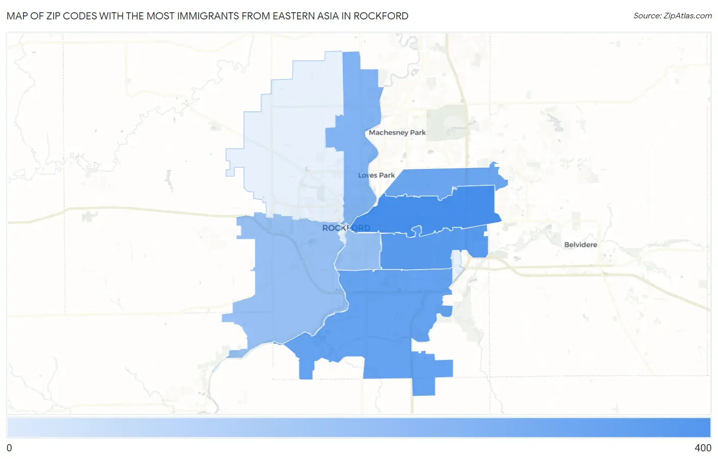 Zip Codes with the Most Immigrants from Eastern Asia in Rockford Map