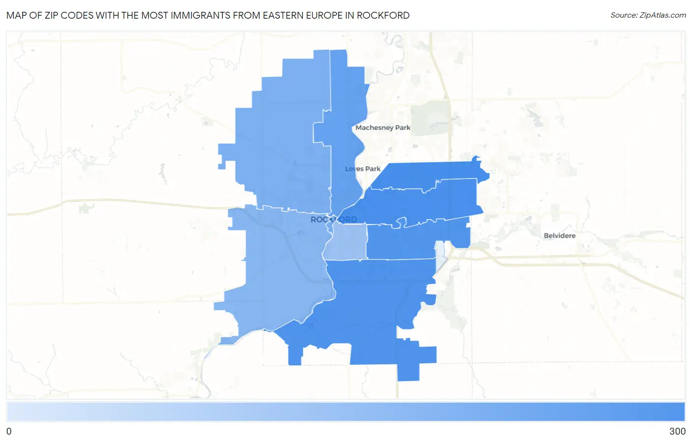 Zip Codes with the Most Immigrants from Eastern Europe in Rockford Map