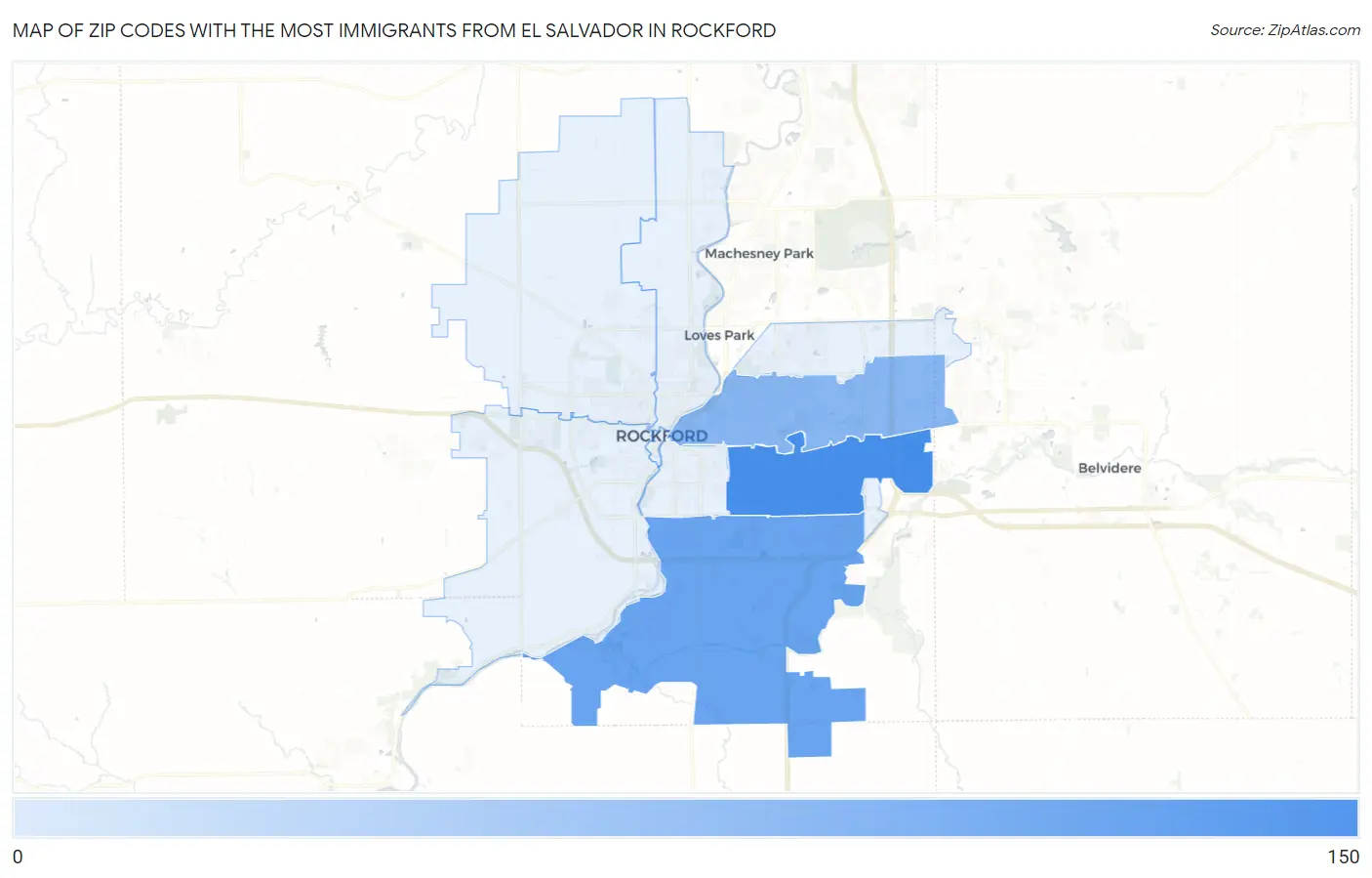 Zip Codes with the Most Immigrants from El Salvador in Rockford Map