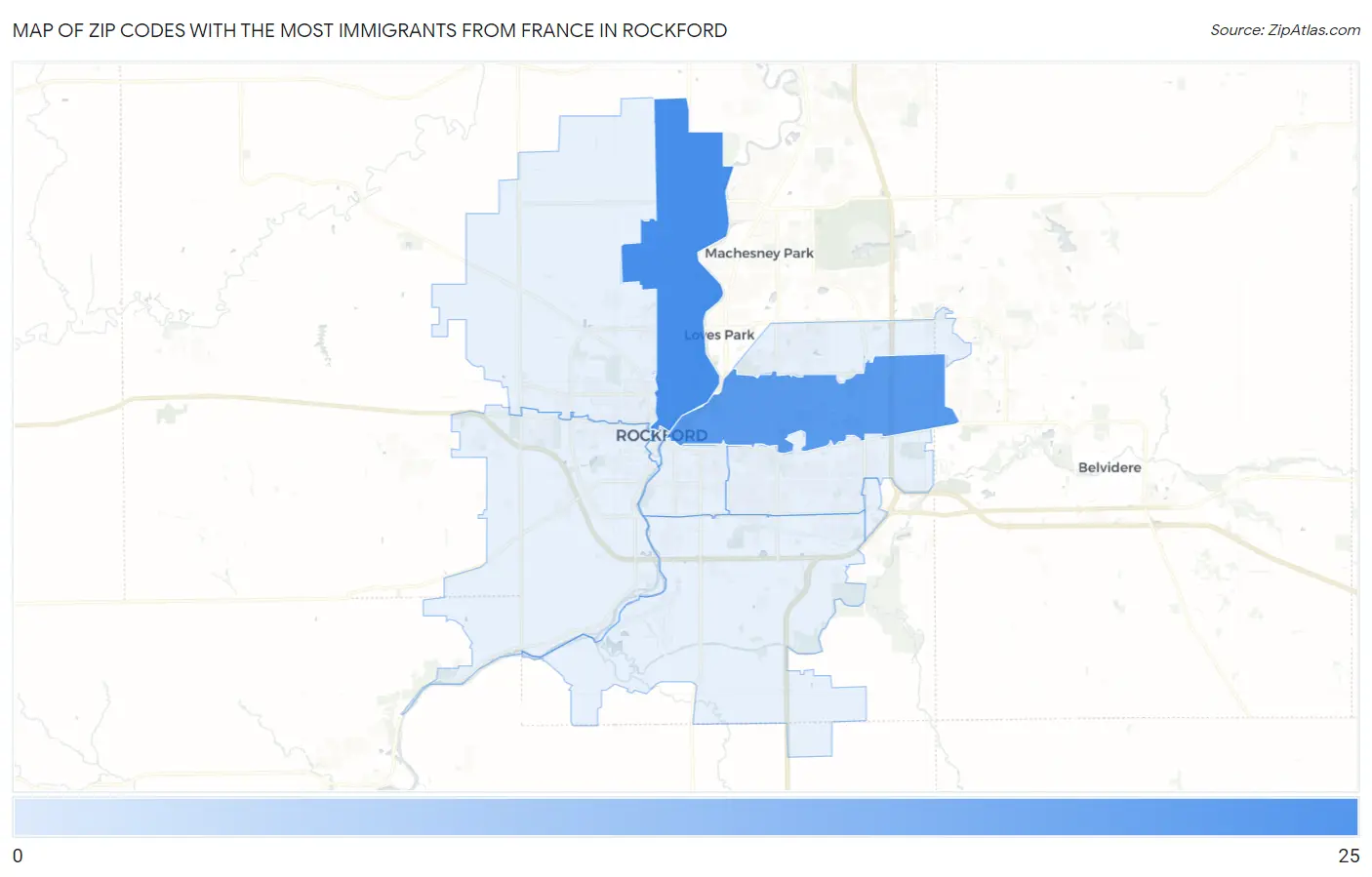 Zip Codes with the Most Immigrants from France in Rockford Map