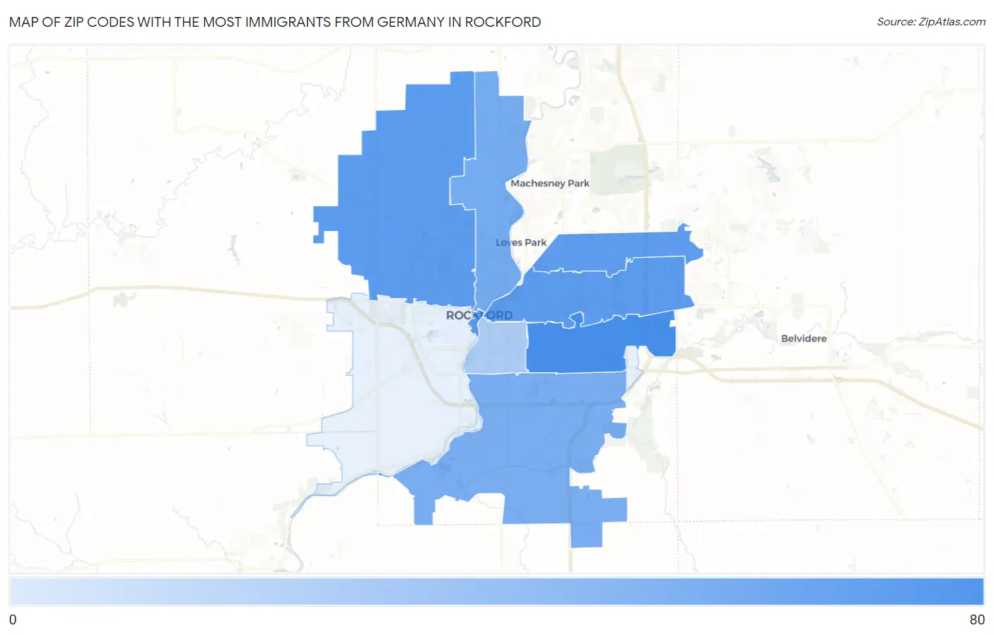 Zip Codes with the Most Immigrants from Germany in Rockford Map