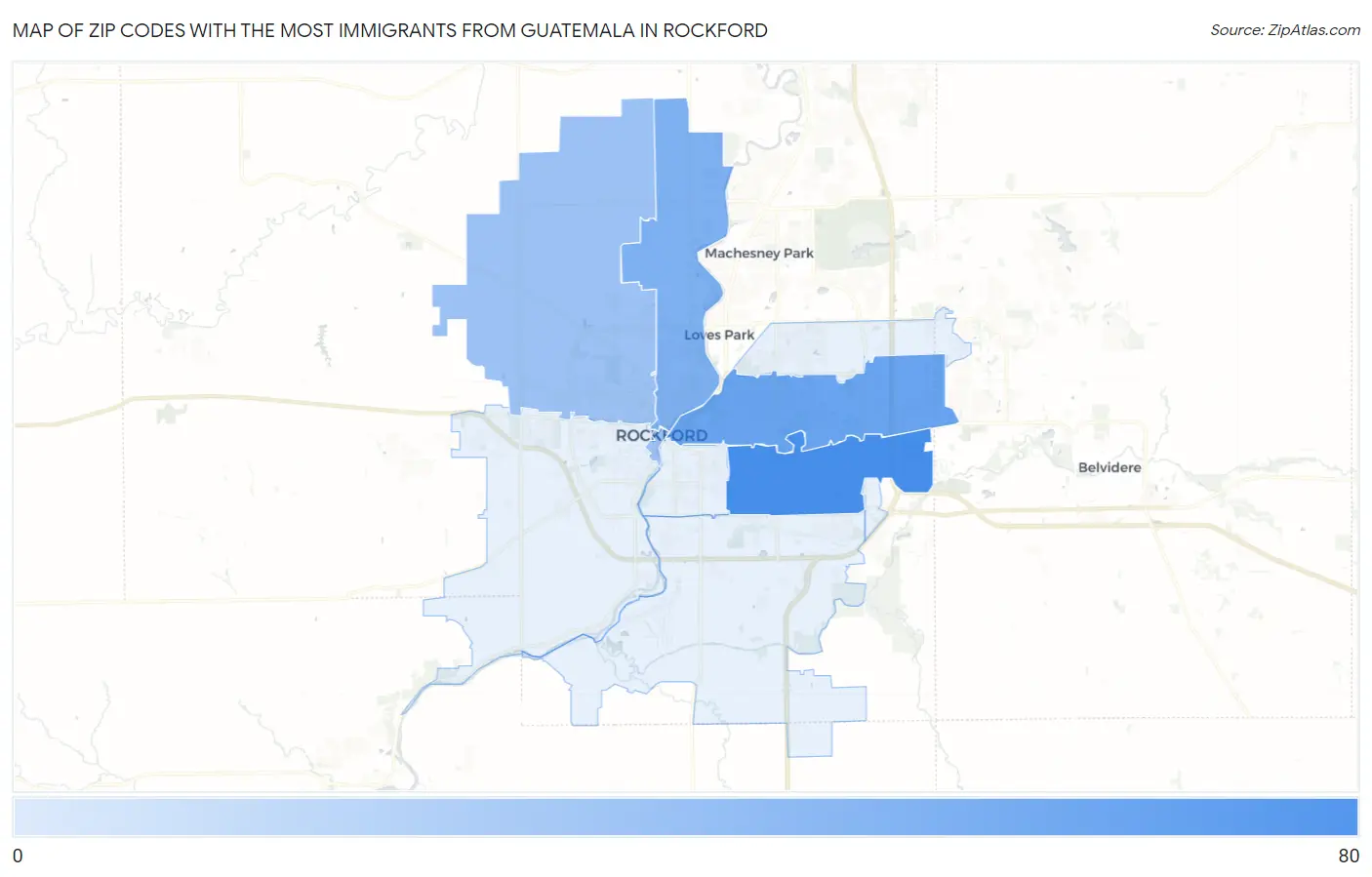 Zip Codes with the Most Immigrants from Guatemala in Rockford Map