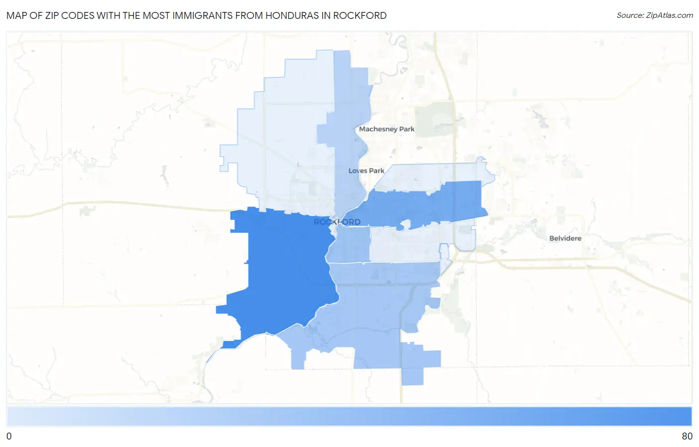 Zip Codes with the Most Immigrants from Honduras in Rockford Map