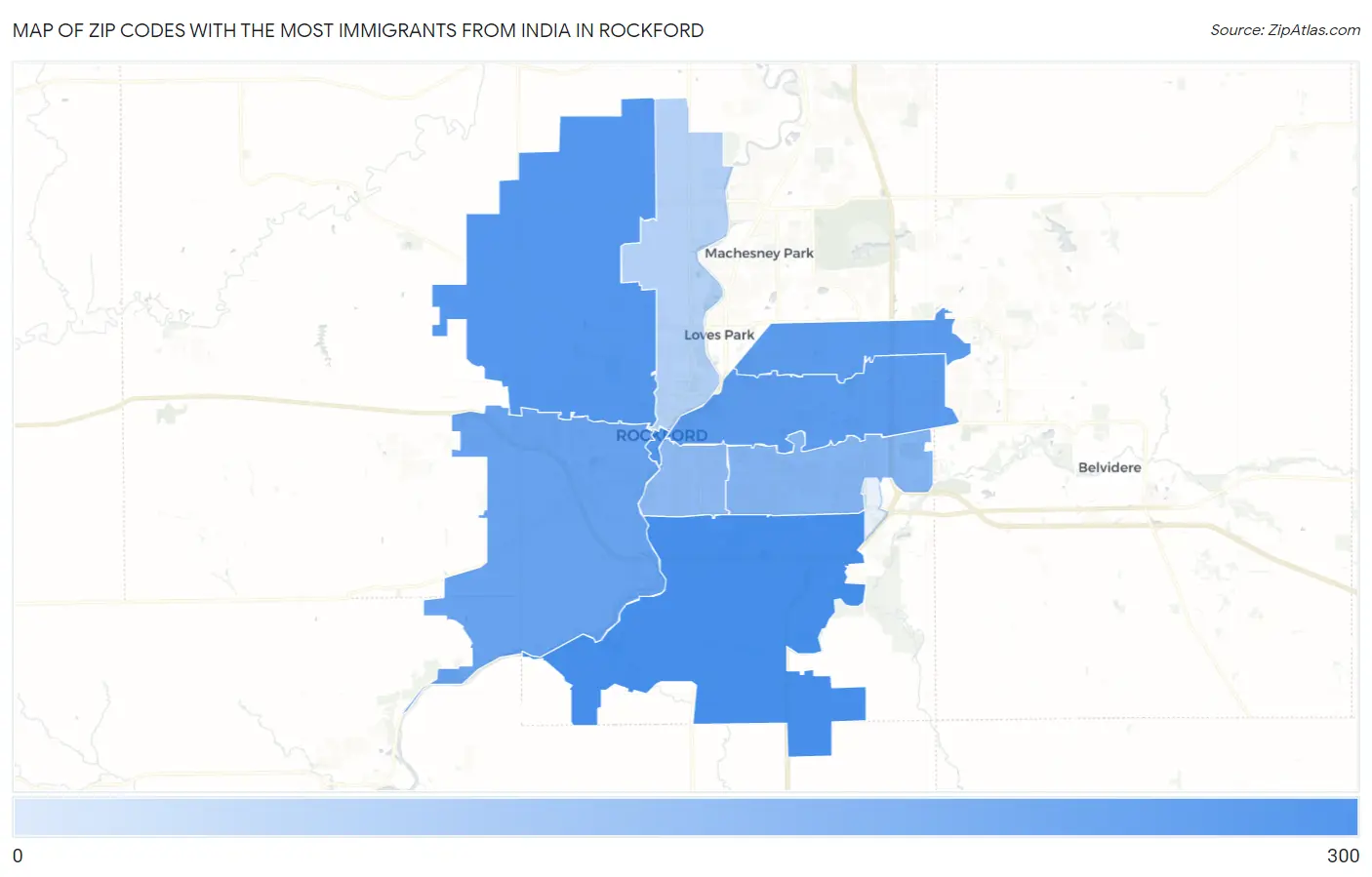 Zip Codes with the Most Immigrants from India in Rockford Map