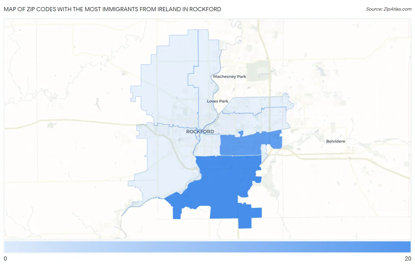 Zip Codes with the Most Immigrants from Ireland in Rockford Map