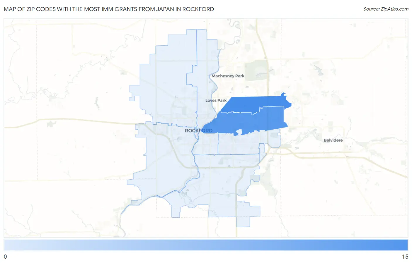 Zip Codes with the Most Immigrants from Japan in Rockford Map