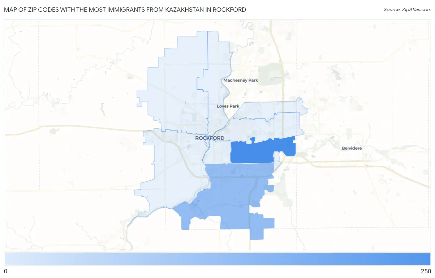 Zip Codes with the Most Immigrants from Kazakhstan in Rockford Map