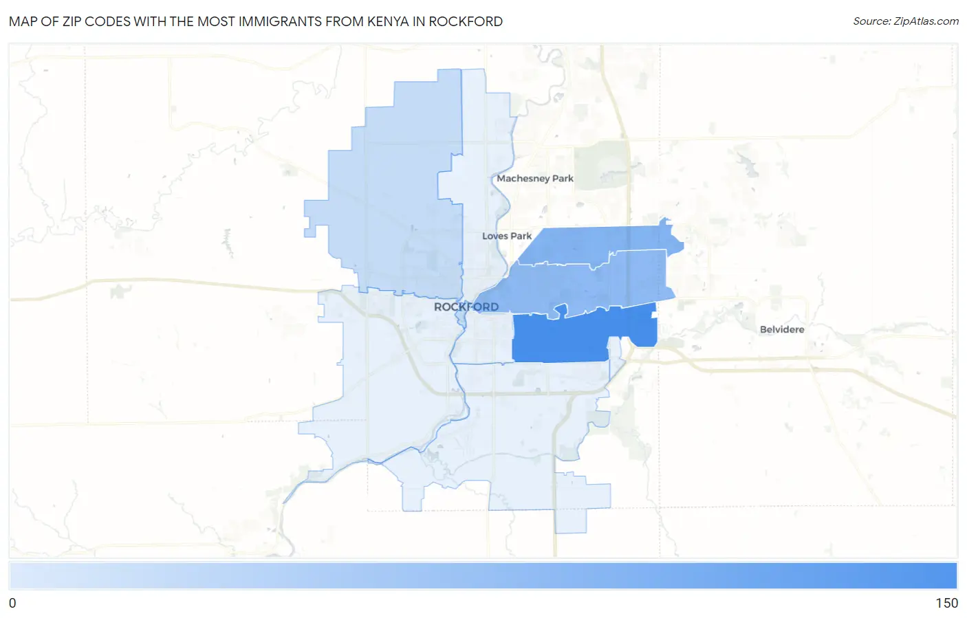 Zip Codes with the Most Immigrants from Kenya in Rockford Map
