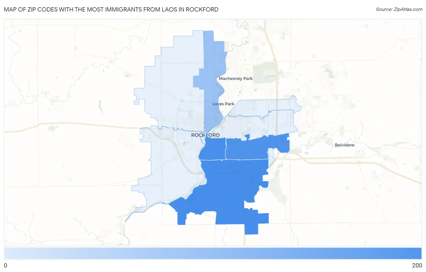 Zip Codes with the Most Immigrants from Laos in Rockford Map