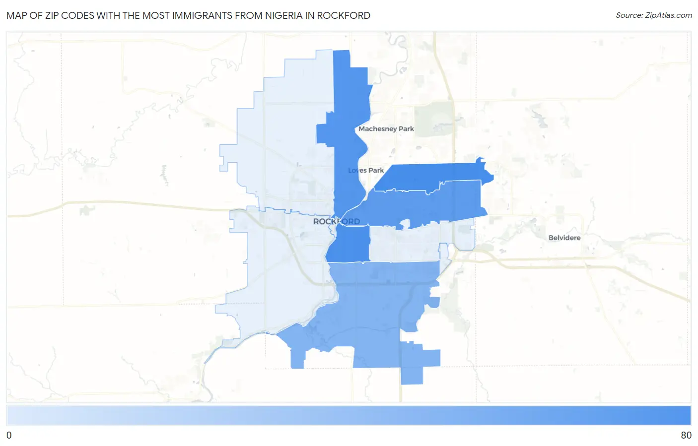 Zip Codes with the Most Immigrants from Nigeria in Rockford Map