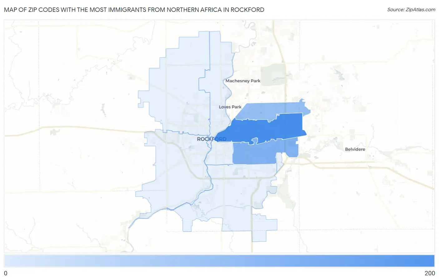 Zip Codes with the Most Immigrants from Northern Africa in Rockford Map