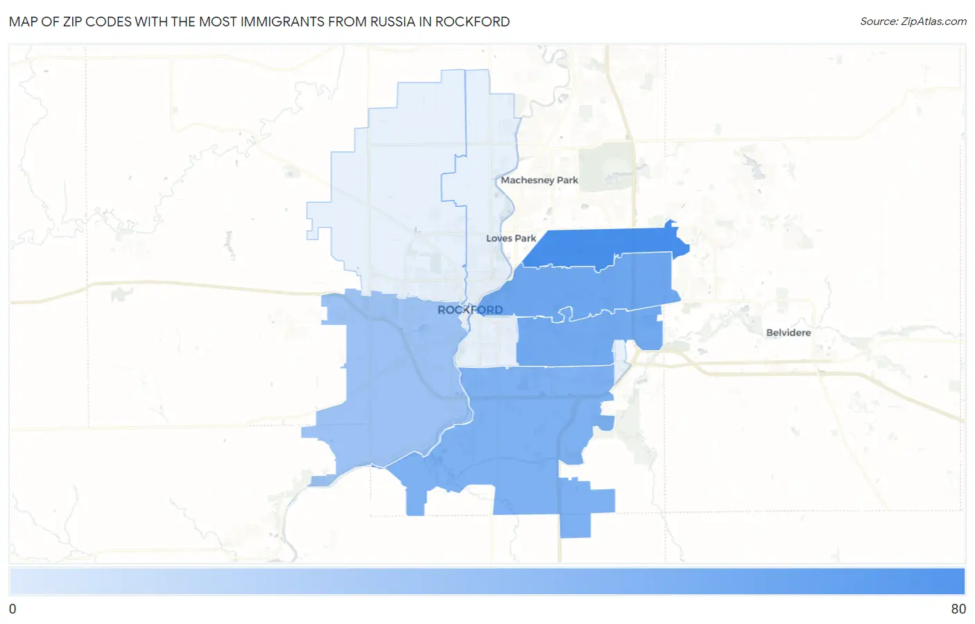 Zip Codes with the Most Immigrants from Russia in Rockford Map