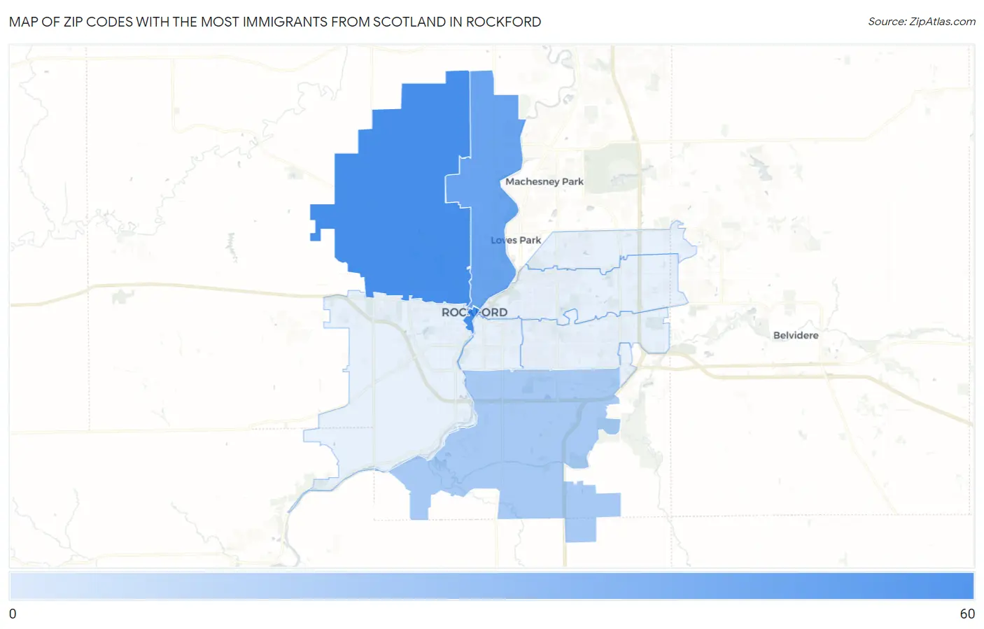 Zip Codes with the Most Immigrants from Scotland in Rockford Map