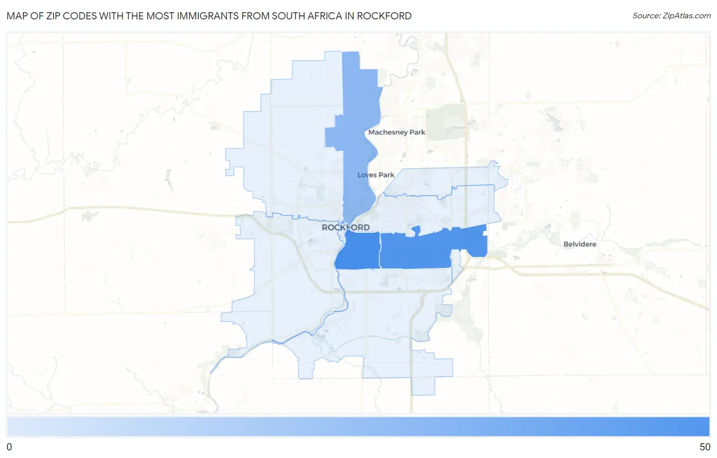 Zip Codes with the Most Immigrants from South Africa in Rockford Map