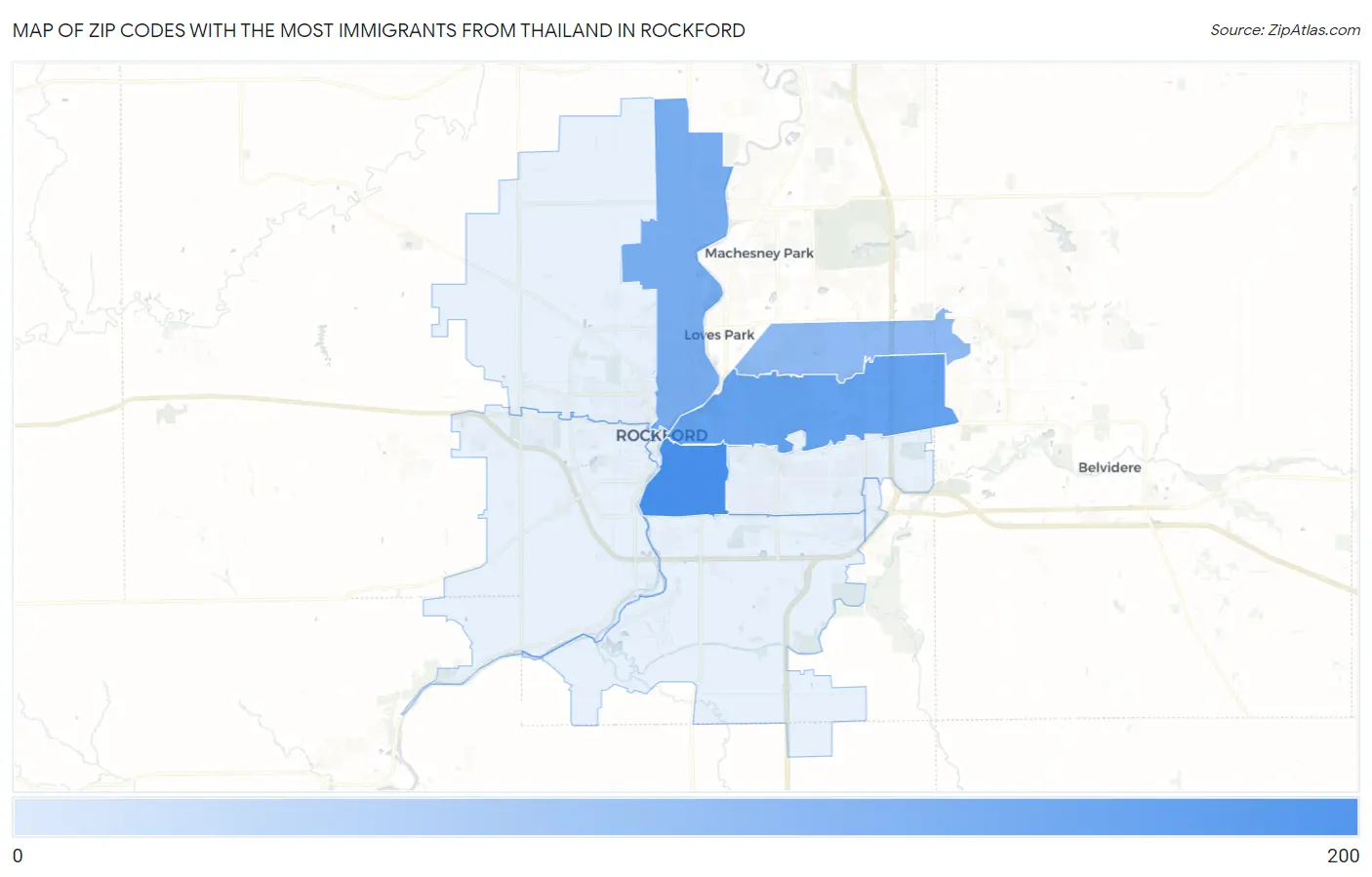 Zip Codes with the Most Immigrants from Thailand in Rockford Map