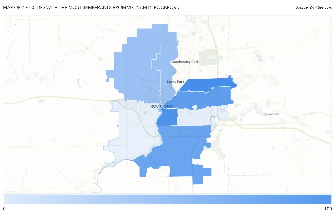 Zip Codes with the Most Immigrants from Vietnam in Rockford Map
