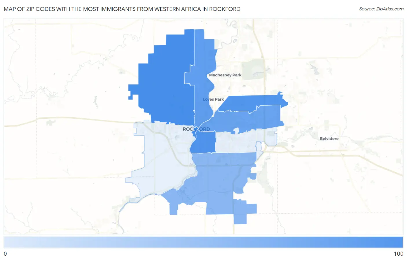 Zip Codes with the Most Immigrants from Western Africa in Rockford Map