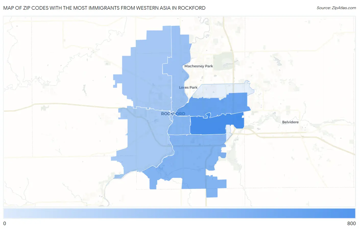 Zip Codes with the Most Immigrants from Western Asia in Rockford Map