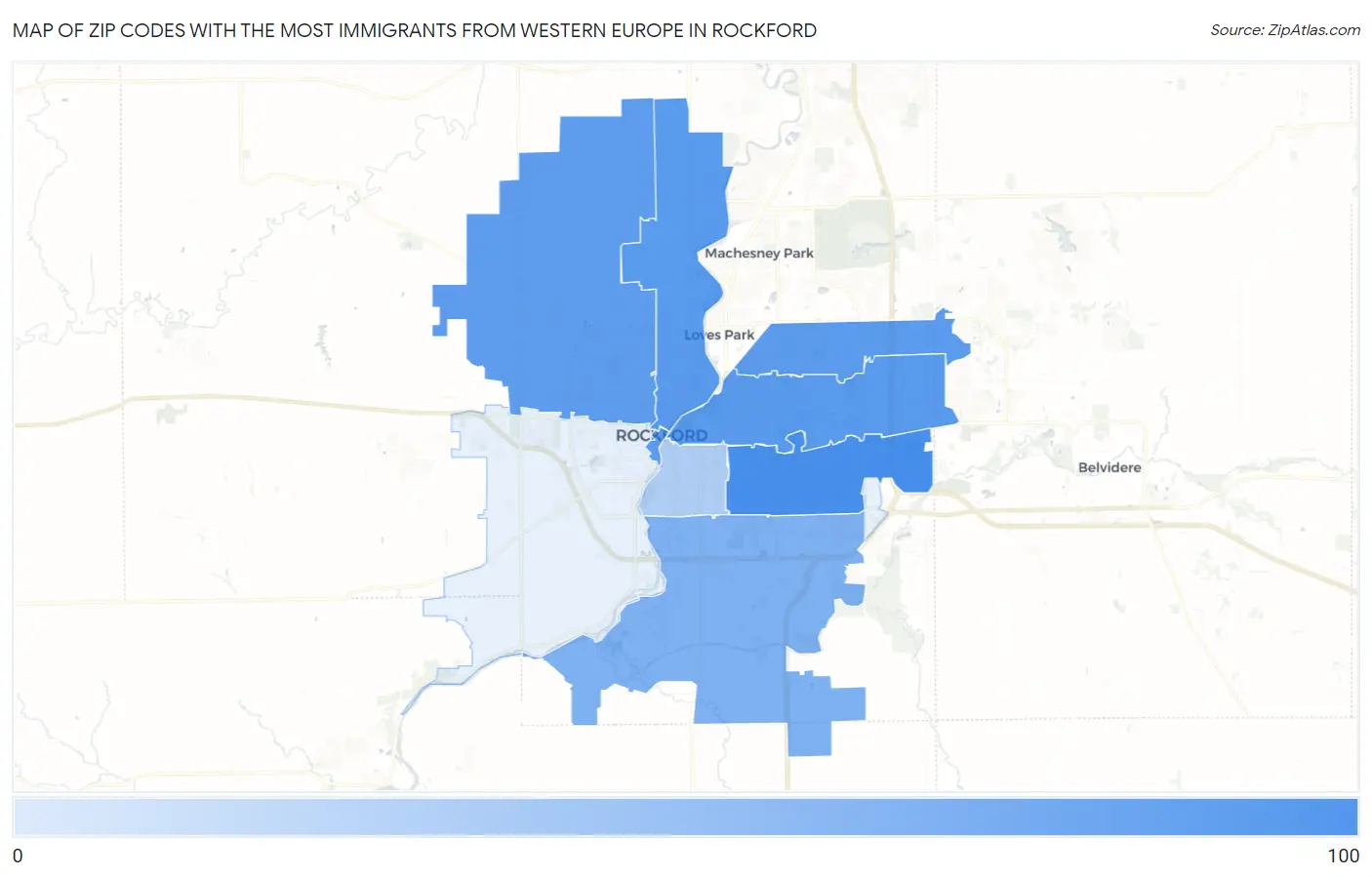 Zip Codes with the Most Immigrants from Western Europe in Rockford Map