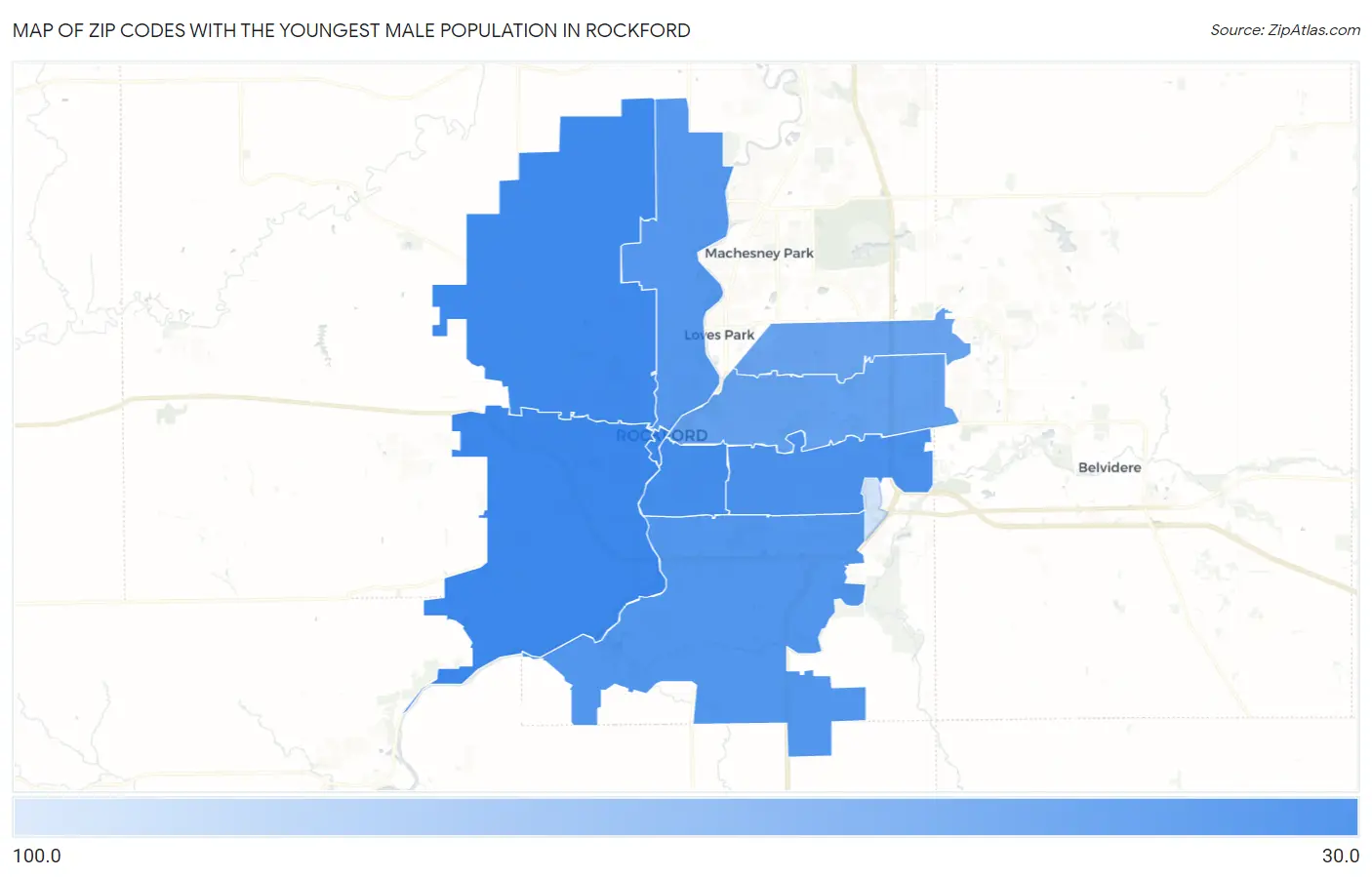 Zip Codes with the Youngest Male Population in Rockford Map