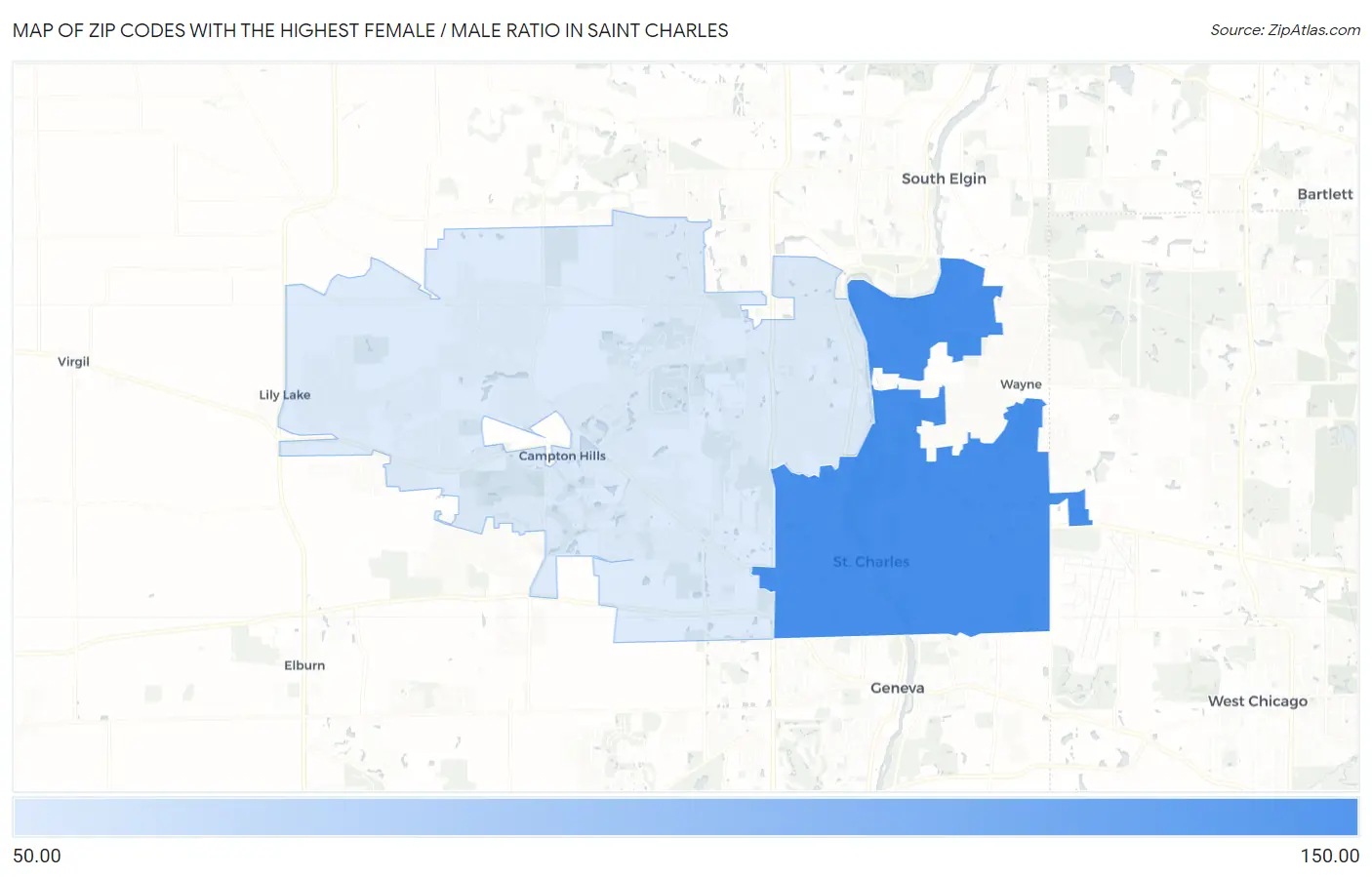 Zip Codes with the Highest Female / Male Ratio in Saint Charles Map