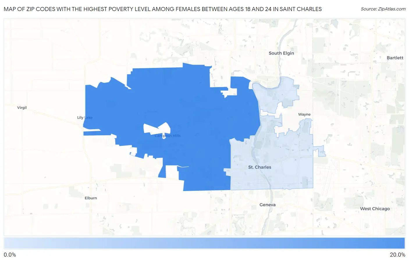 Zip Codes with the Highest Poverty Level Among Females Between Ages 18 and 24 in Saint Charles Map