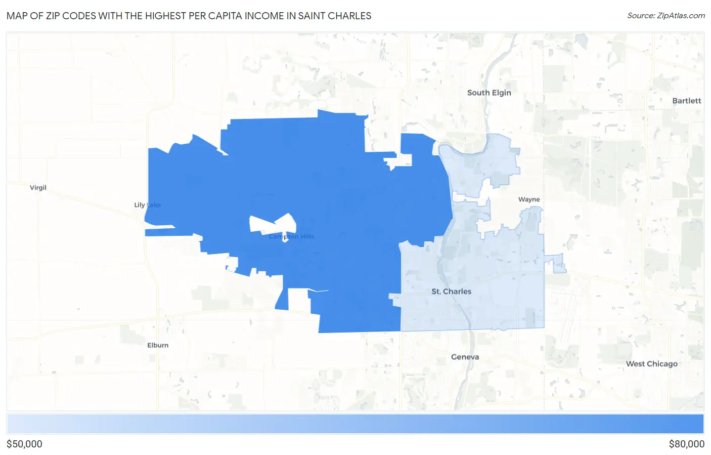 Zip Codes with the Highest Per Capita Income in Saint Charles Map