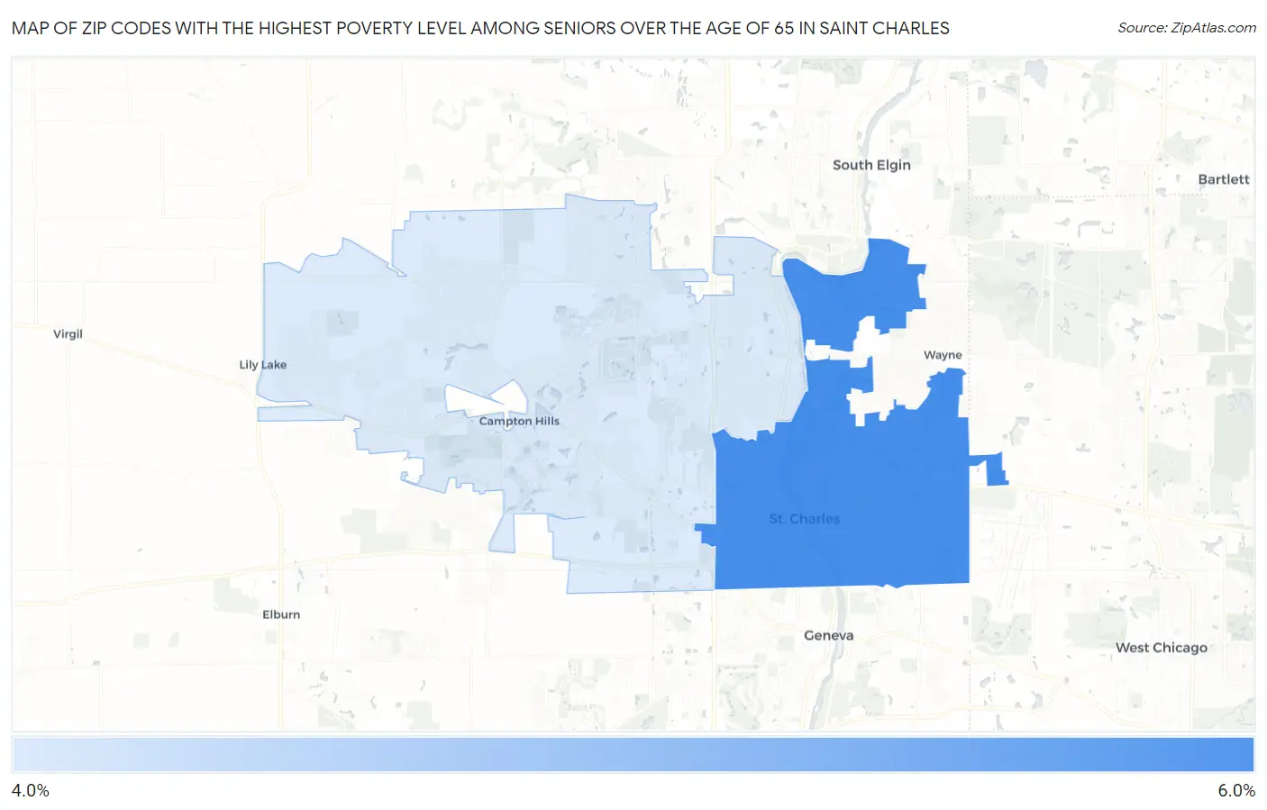 Zip Codes with the Highest Poverty Level Among Seniors Over the Age of 65 in Saint Charles Map