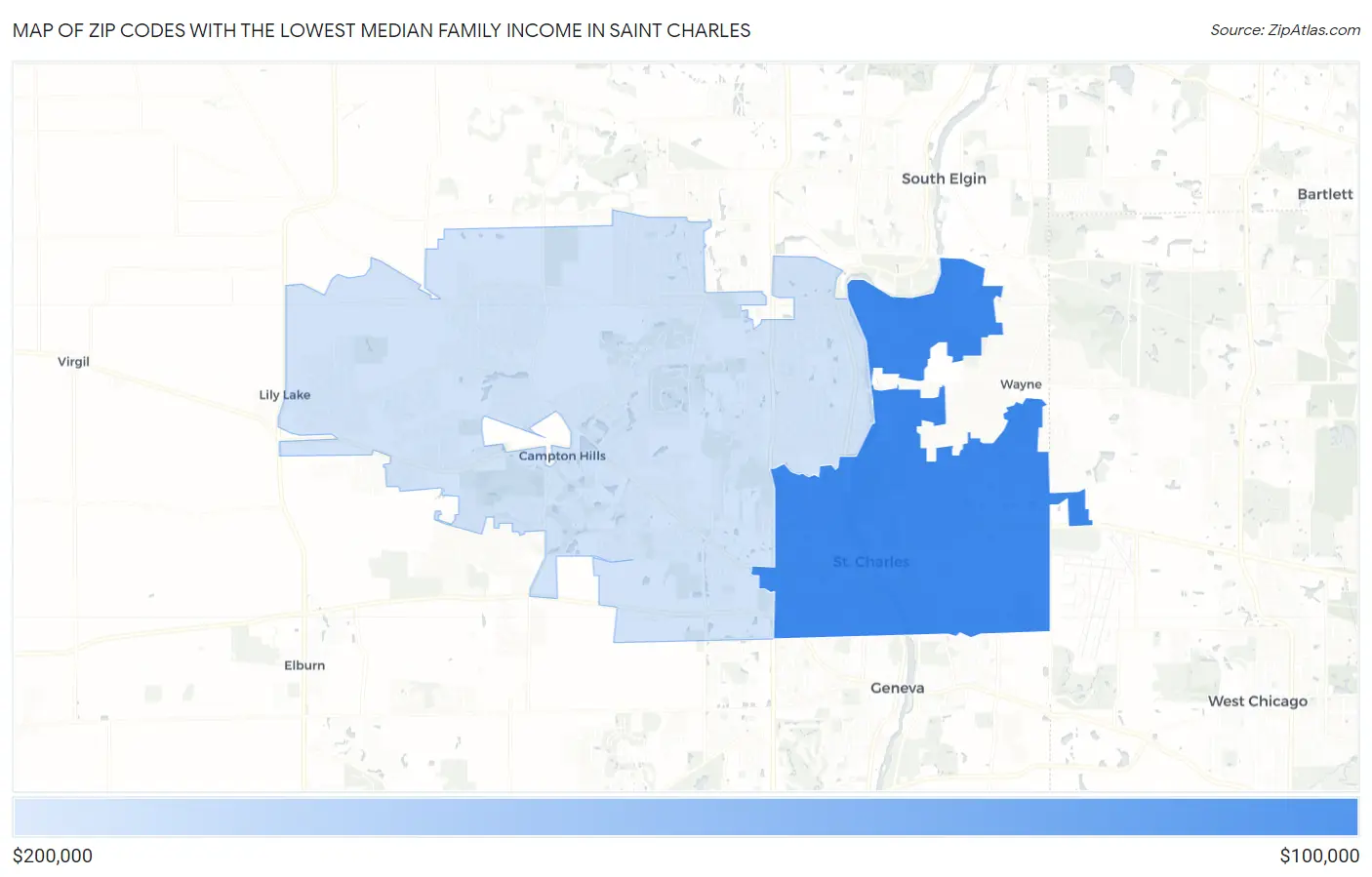 Zip Codes with the Lowest Median Family Income in Saint Charles Map