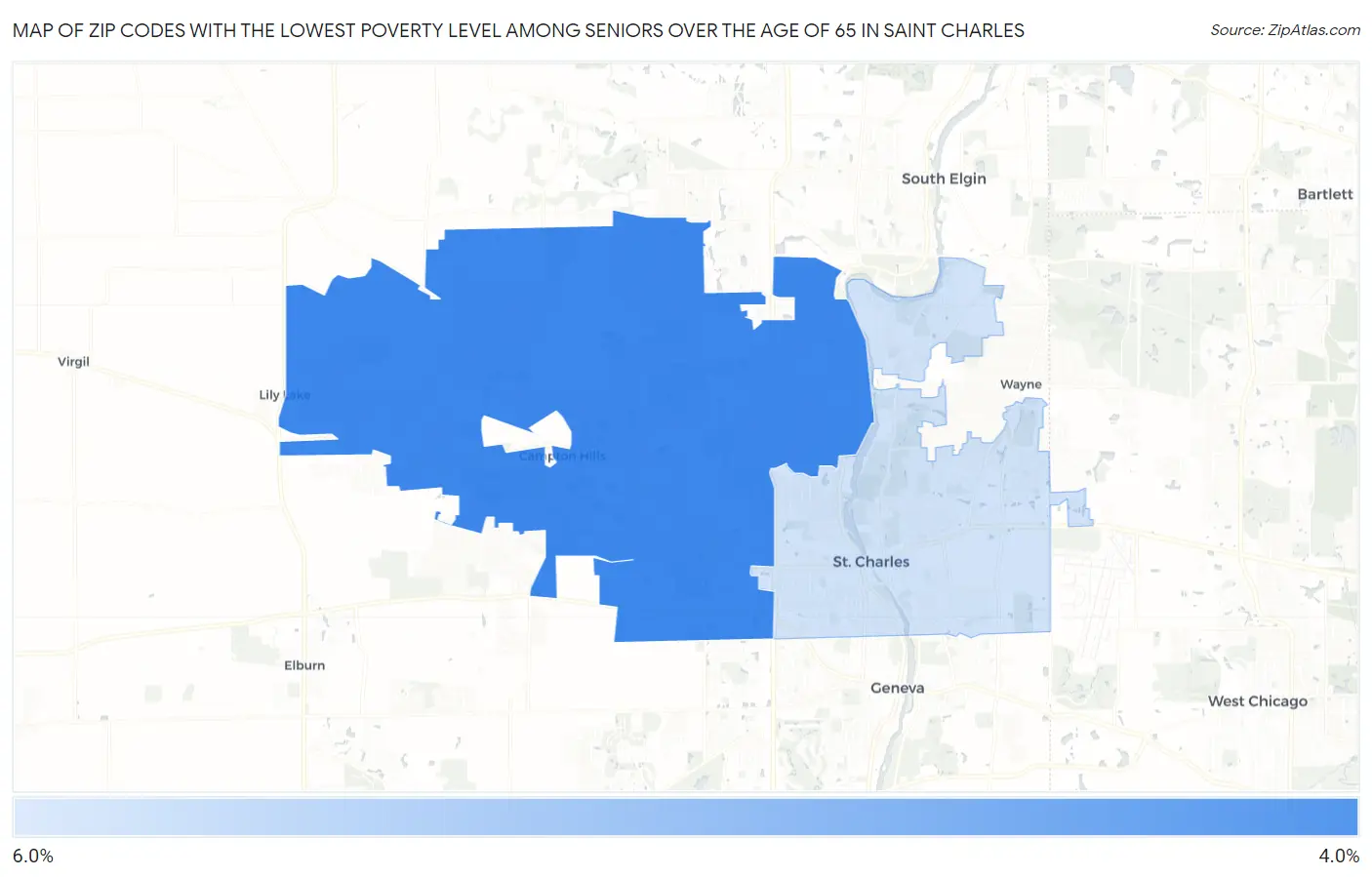 Zip Codes with the Lowest Poverty Level Among Seniors Over the Age of 65 in Saint Charles Map