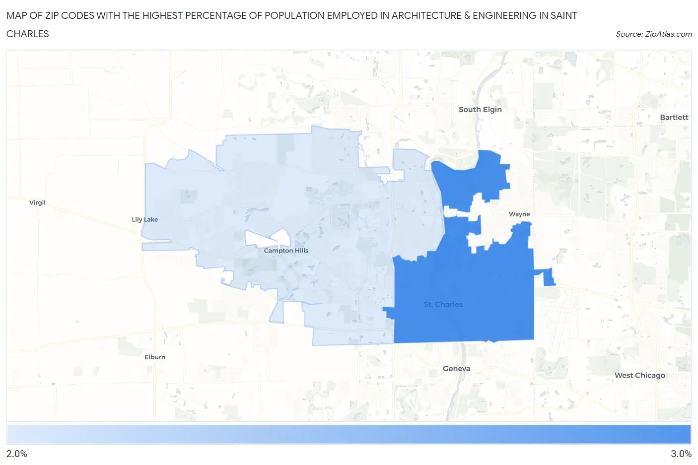 Zip Codes with the Highest Percentage of Population Employed in Architecture & Engineering in Saint Charles Map