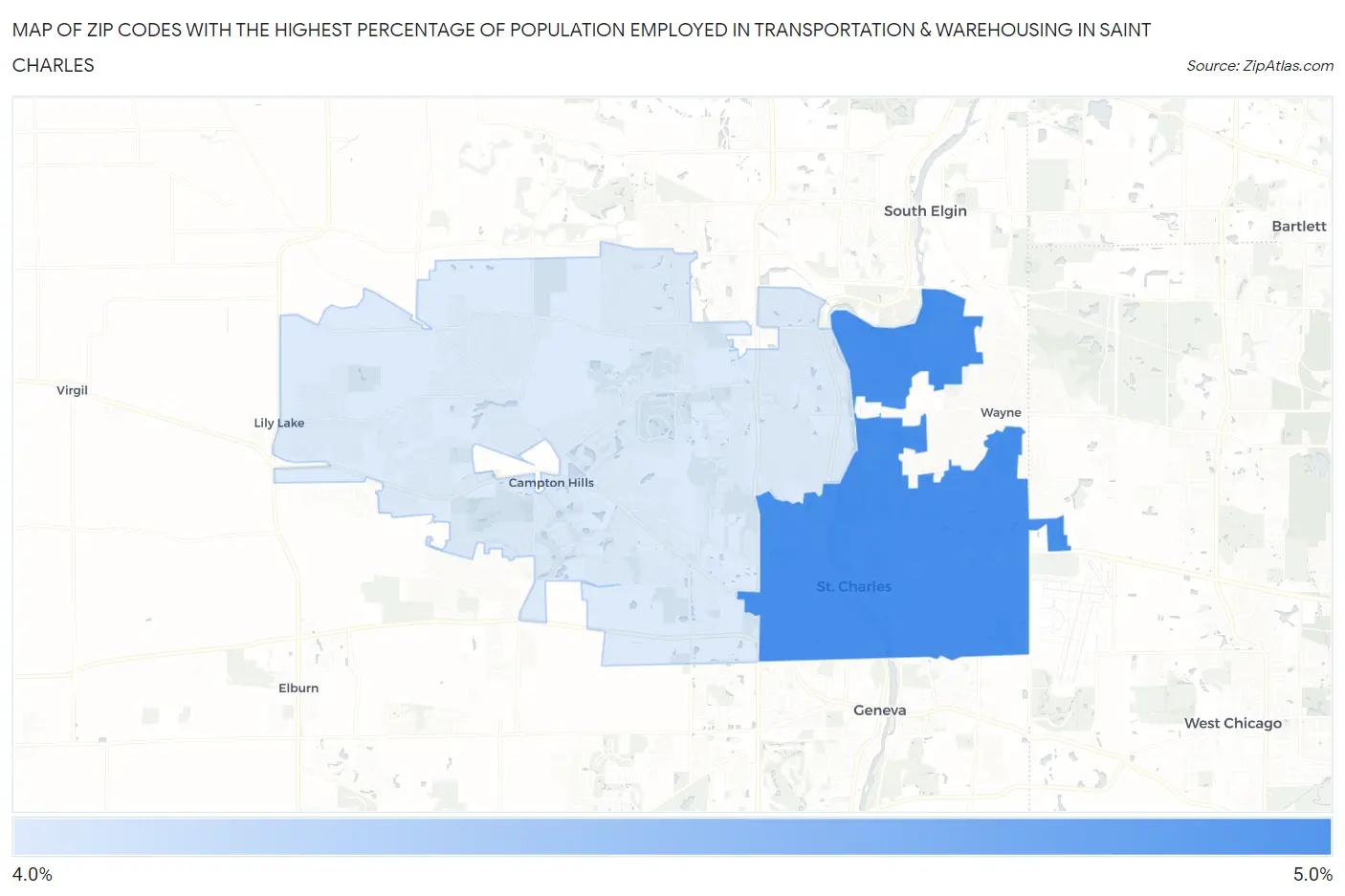 Zip Codes with the Highest Percentage of Population Employed in Transportation & Warehousing in Saint Charles Map