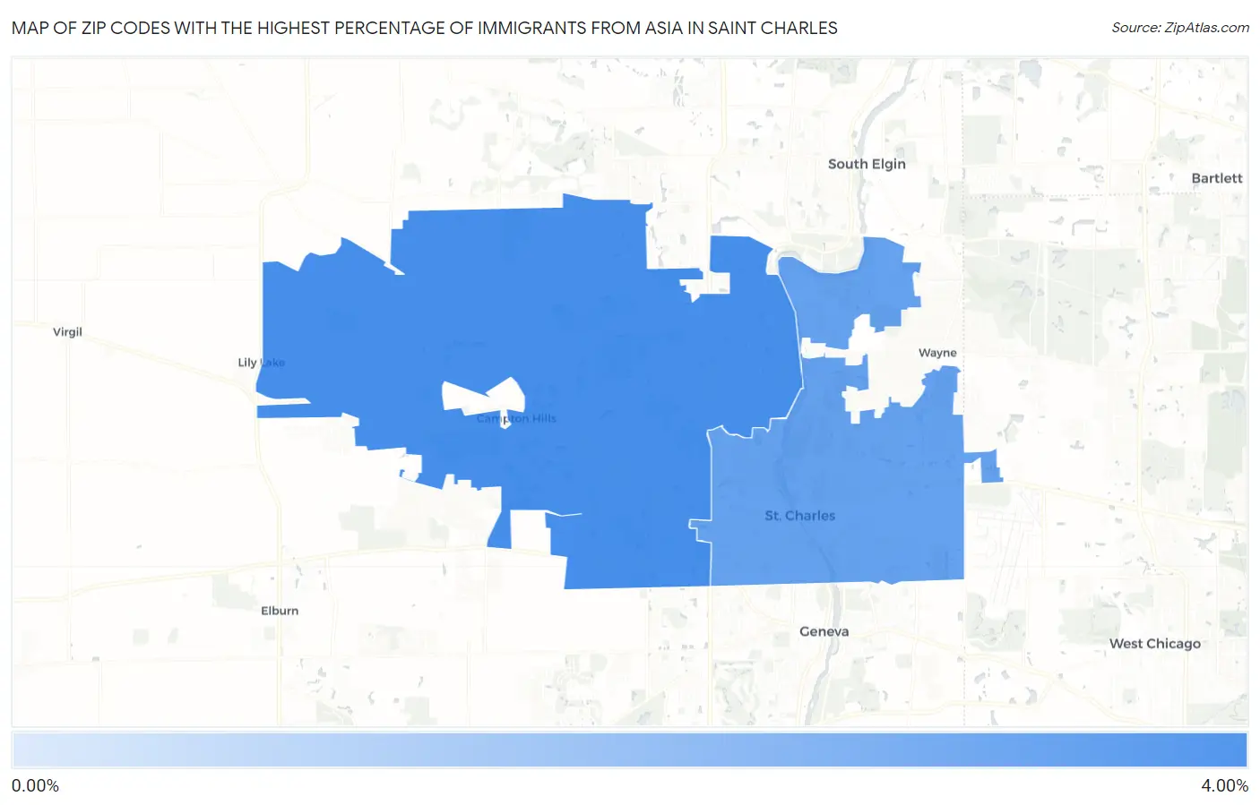 Zip Codes with the Highest Percentage of Immigrants from Asia in Saint Charles Map