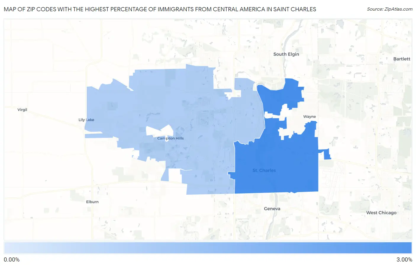 Zip Codes with the Highest Percentage of Immigrants from Central America in Saint Charles Map