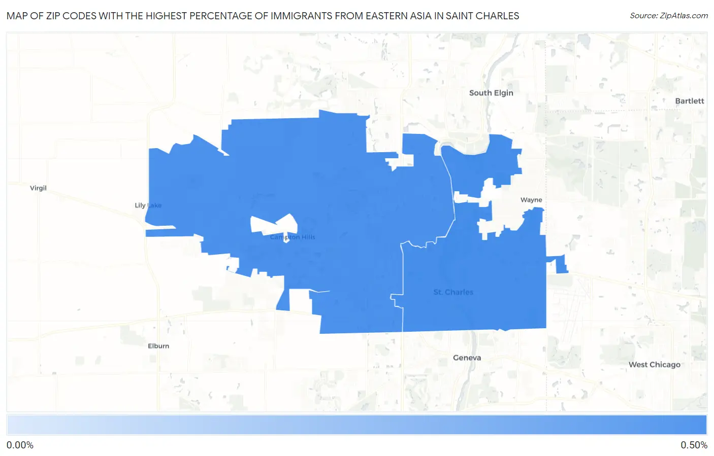 Zip Codes with the Highest Percentage of Immigrants from Eastern Asia in Saint Charles Map
