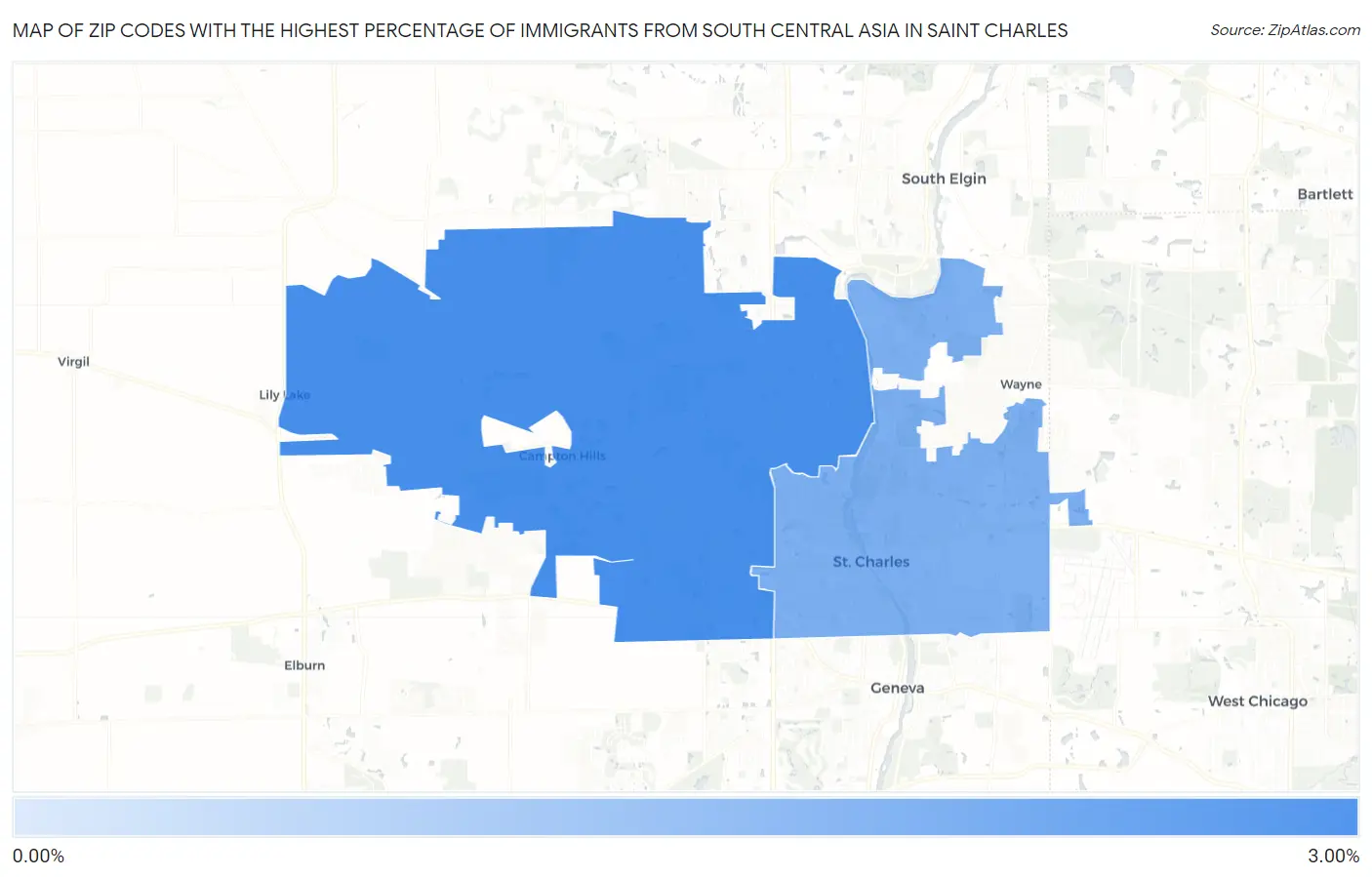 Zip Codes with the Highest Percentage of Immigrants from South Central Asia in Saint Charles Map