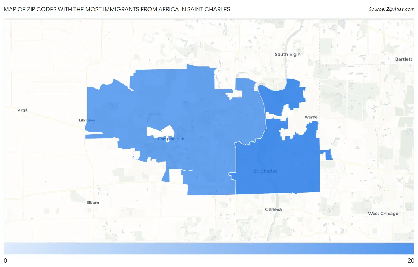 Zip Codes with the Most Immigrants from Africa in Saint Charles Map