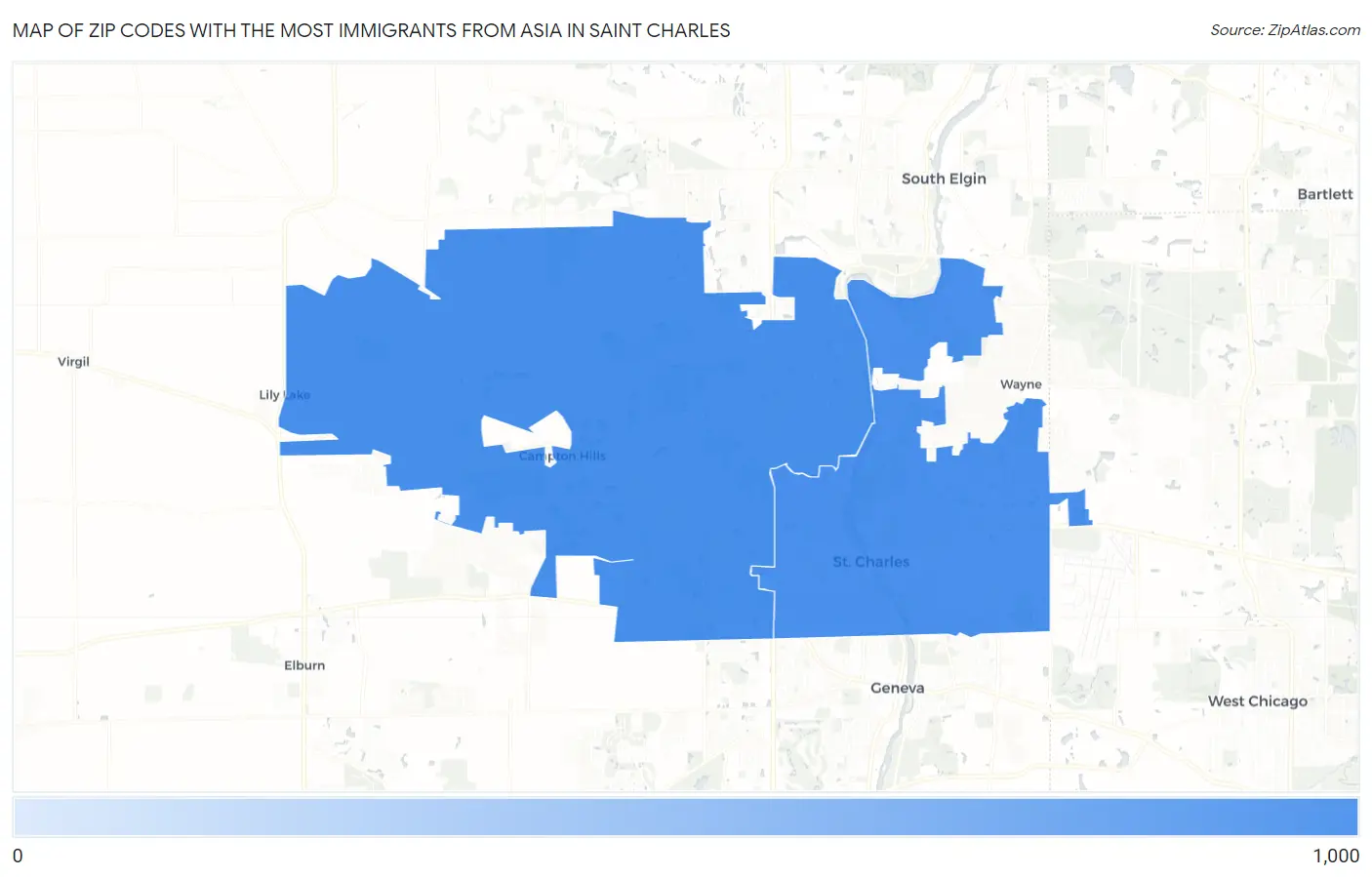 Zip Codes with the Most Immigrants from Asia in Saint Charles Map
