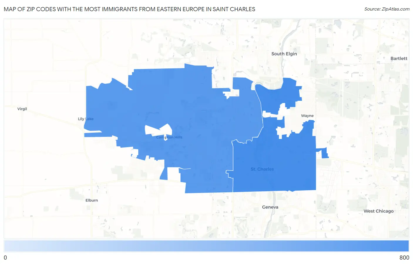 Zip Codes with the Most Immigrants from Eastern Europe in Saint Charles Map