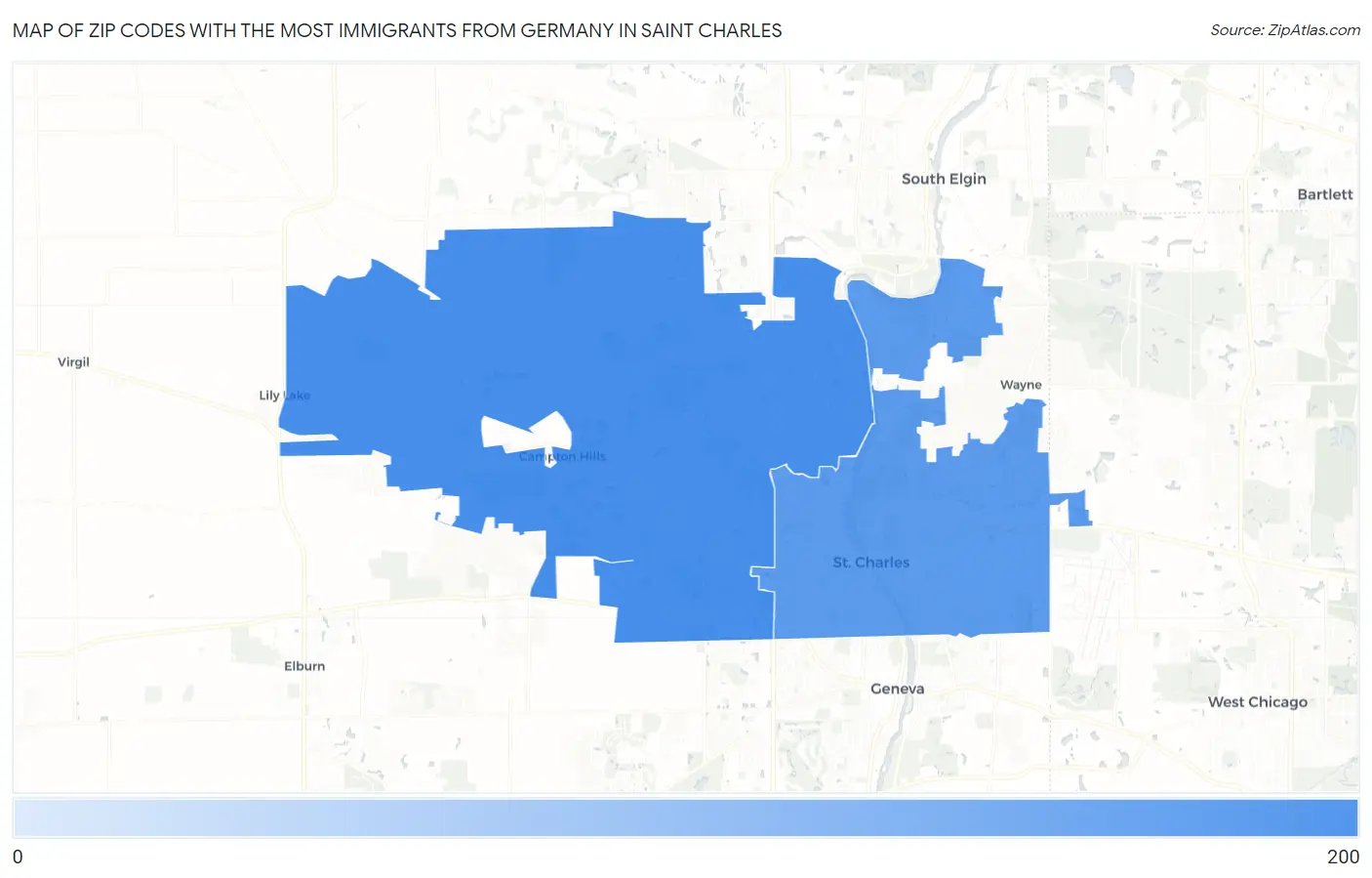 Zip Codes with the Most Immigrants from Germany in Saint Charles Map
