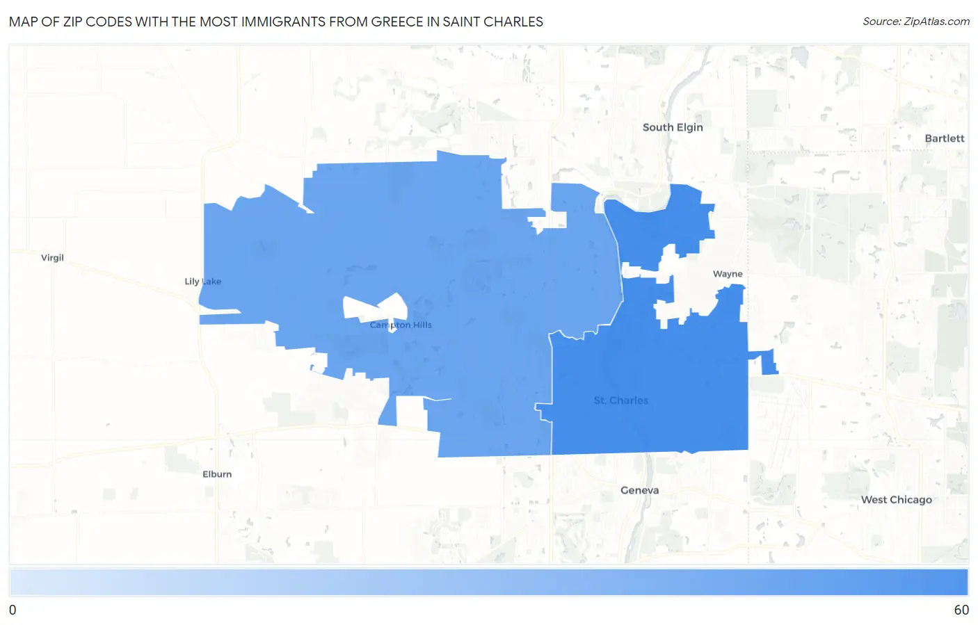 Zip Codes with the Most Immigrants from Greece in Saint Charles Map