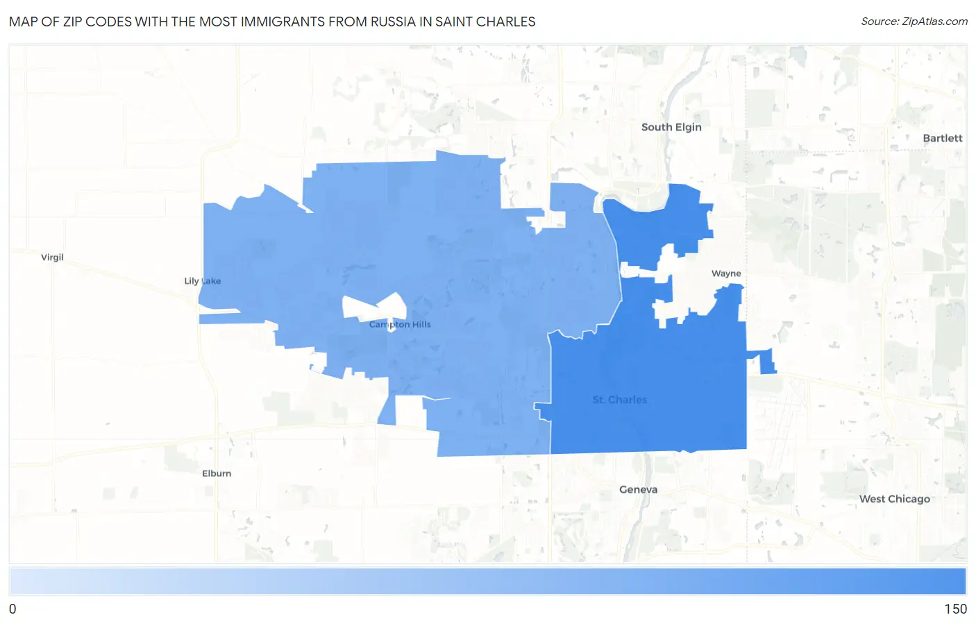 Zip Codes with the Most Immigrants from Russia in Saint Charles Map