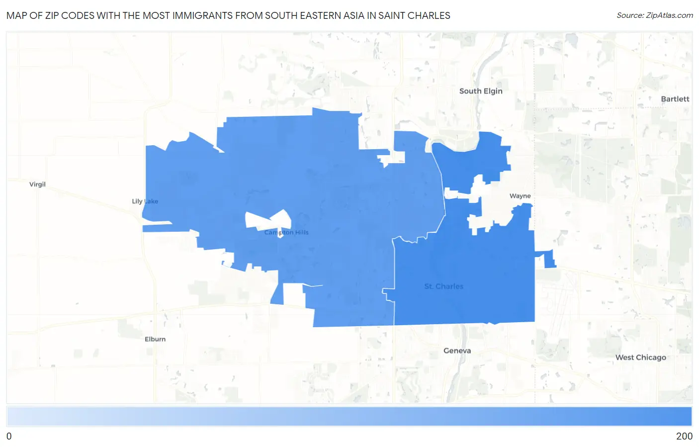 Zip Codes with the Most Immigrants from South Eastern Asia in Saint Charles Map