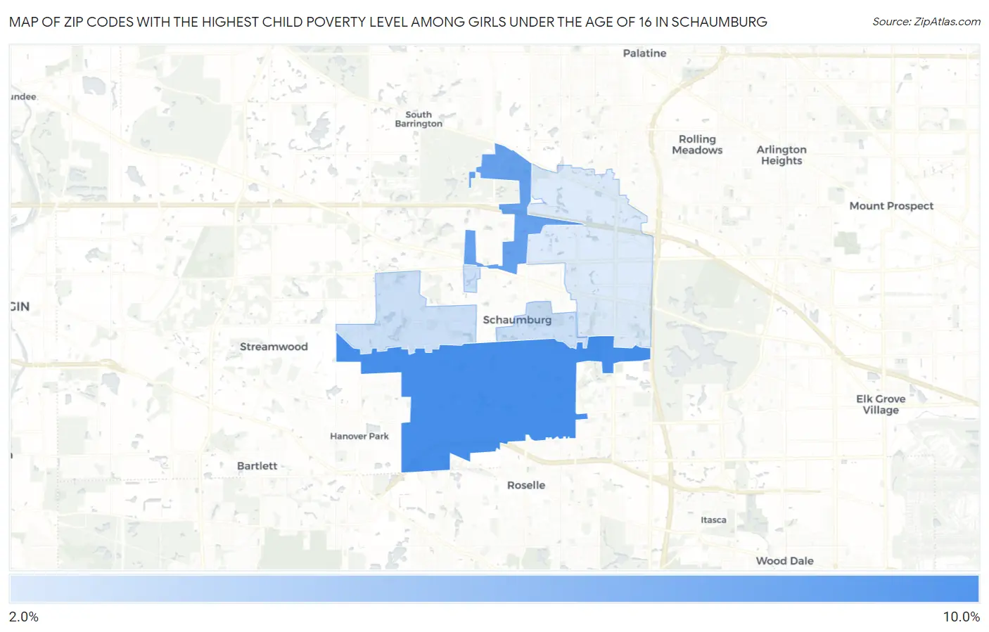 Zip Codes with the Highest Child Poverty Level Among Girls Under the Age of 16 in Schaumburg Map