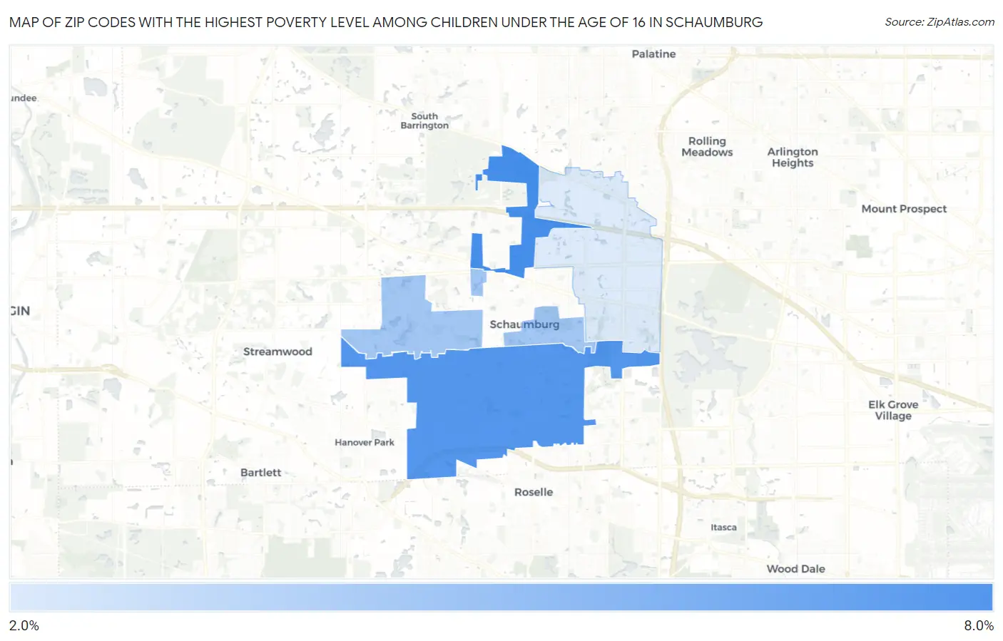 Zip Codes with the Highest Poverty Level Among Children Under the Age of 16 in Schaumburg Map