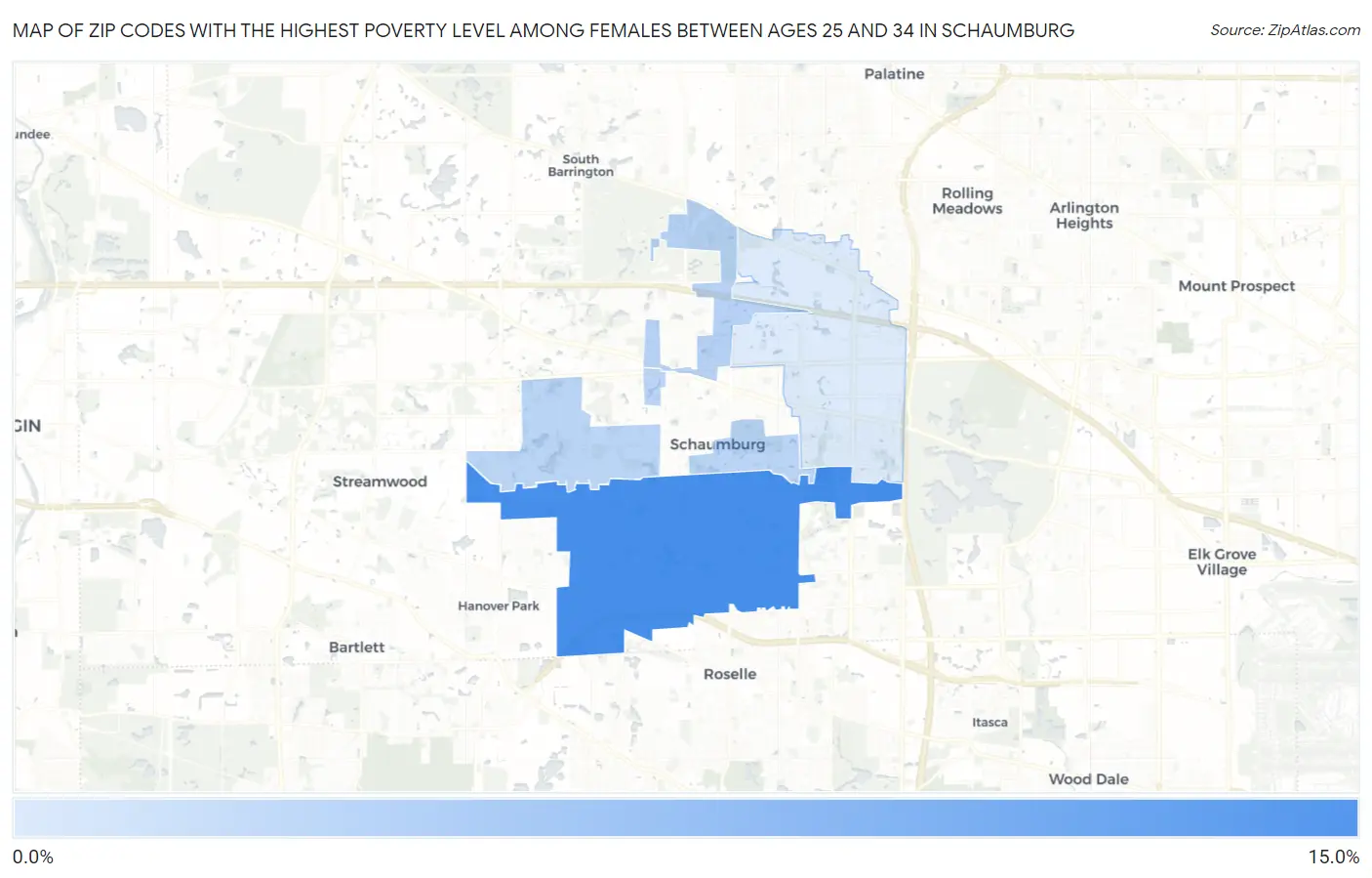 Zip Codes with the Highest Poverty Level Among Females Between Ages 25 and 34 in Schaumburg Map