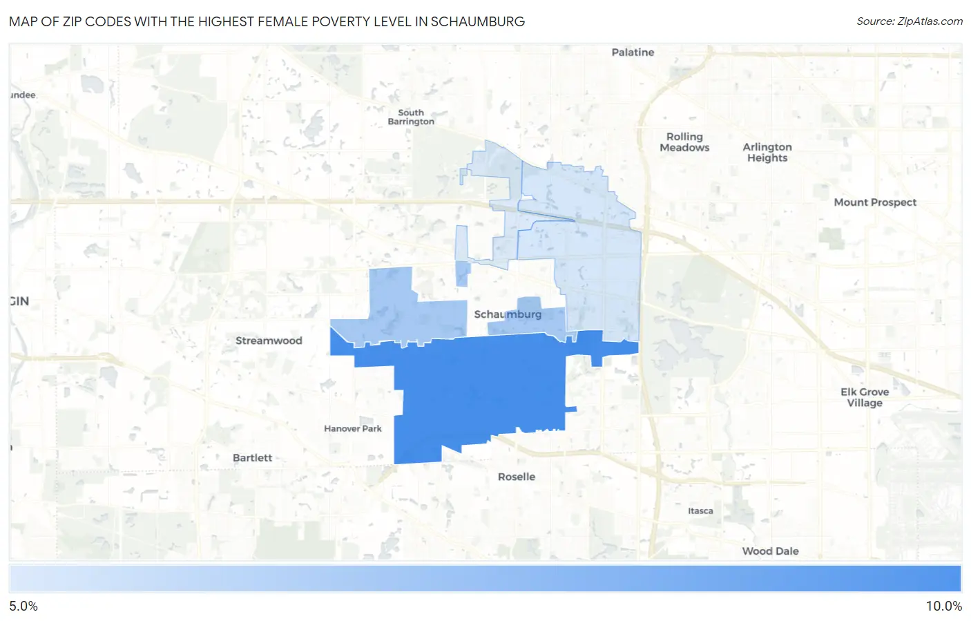 Zip Codes with the Highest Female Poverty Level in Schaumburg Map