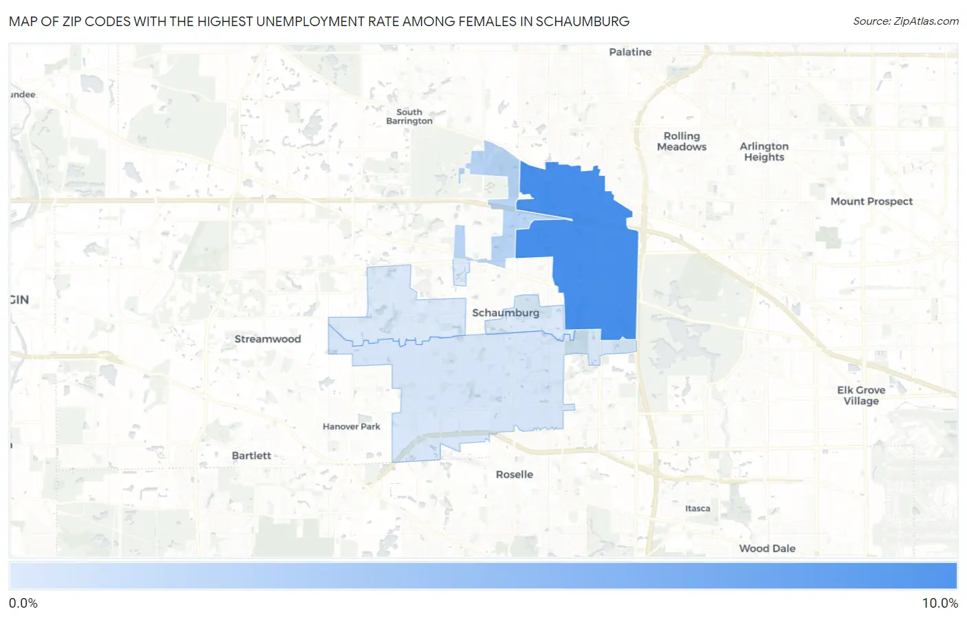 Zip Codes with the Highest Unemployment Rate Among Females in Schaumburg Map