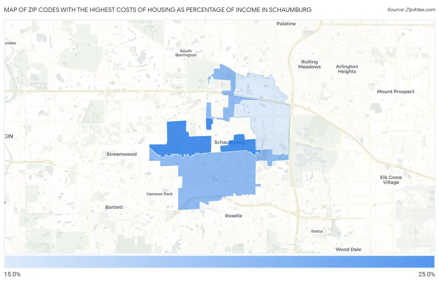 Zip Codes with the Highest Costs of Housing as Percentage of Income in Schaumburg Map